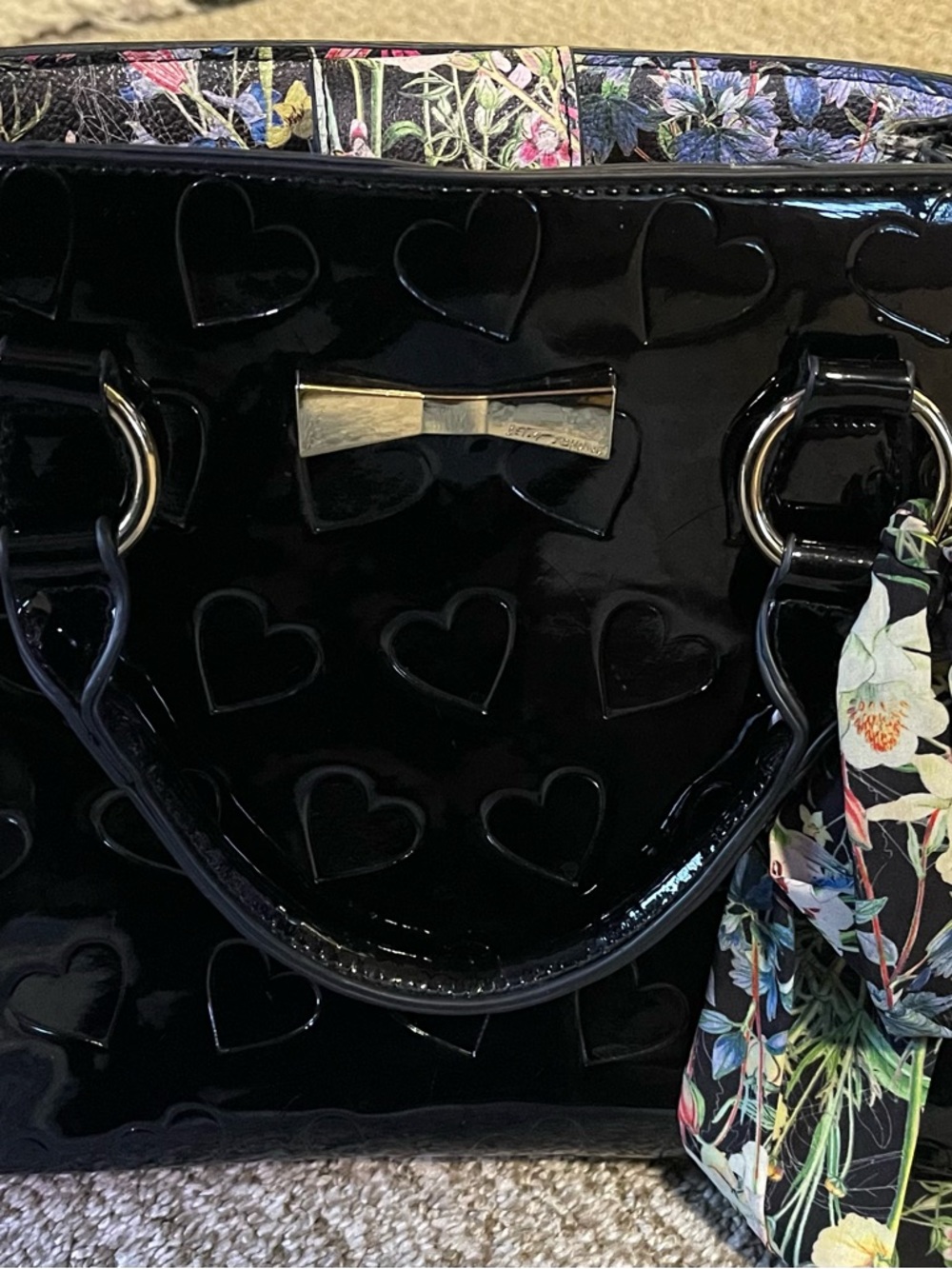 Betsey Johnson Black Patent Heart Tote with Floral Scarf Accent